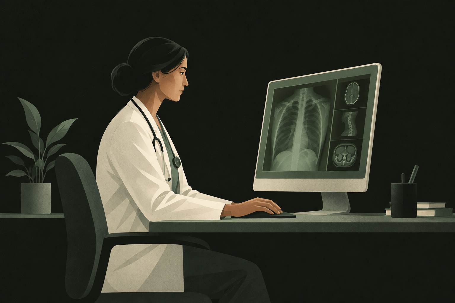 Illustration of a doctor at a computer issuing an imaging work item